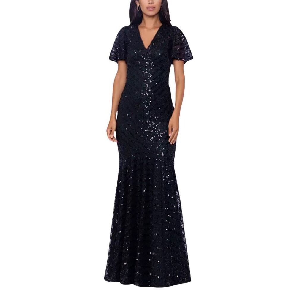 Xscape Black Sequin Maxi Dress with Flutter Sleeves - Picture 2 of 8